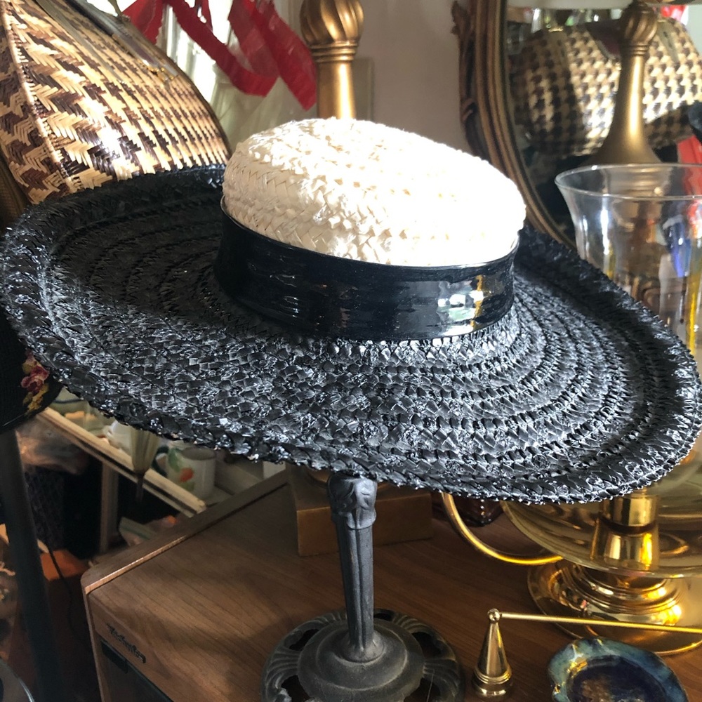 Vintage Black & White Straw Wide Brim Derby Hat
